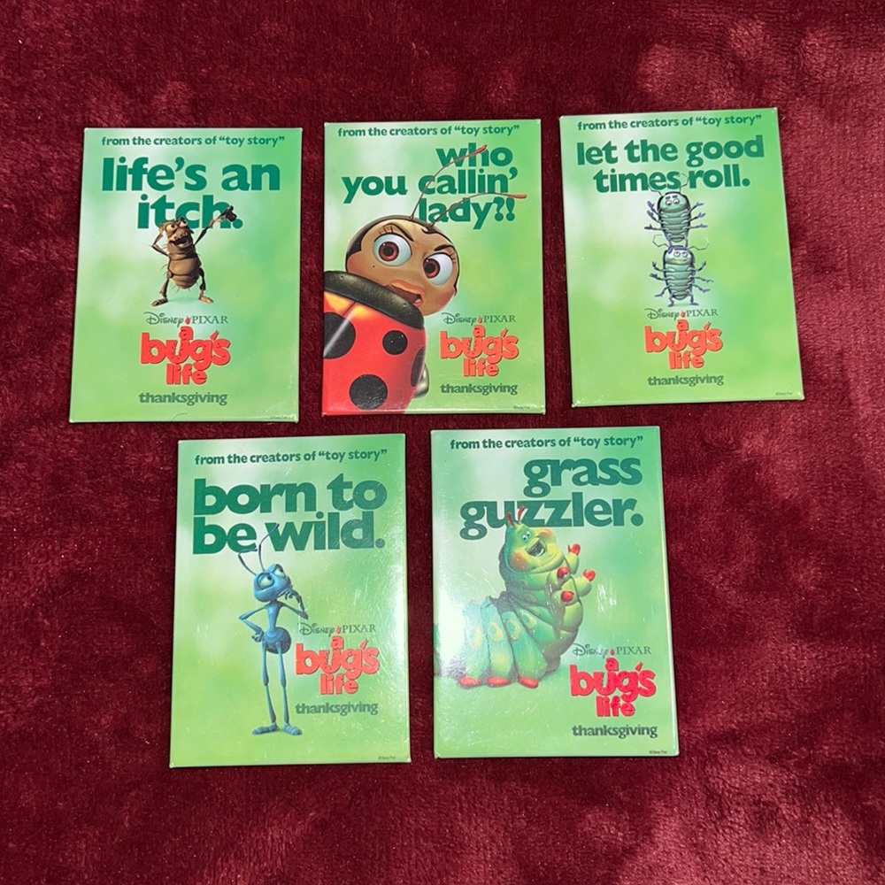 5 Disney Pixar “A Bug’s Life” Original Movie Promo Collectible Square Pin Set